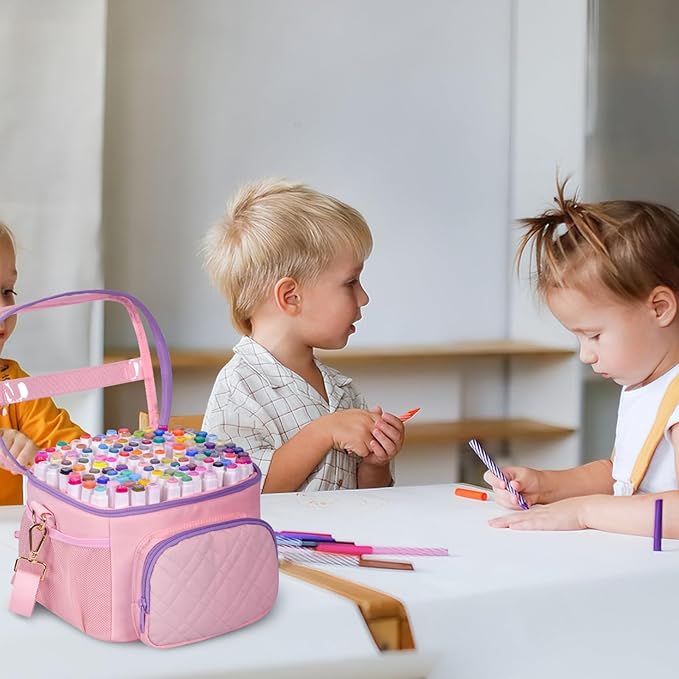 Professional Marker Organizer Case for 120 Markers, Portable Travel Art Supply Marker Storage Carry Bag with Dividers and Shoulder Strap (Pink)