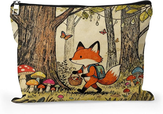 Cafl Fox Forest Mushrooms Makeup Bag Cartoon Cosmetic Bag for Women Large Capacity Make Up Bag Portable Travel Toiletry Pouch Organizer 10 * 8inch