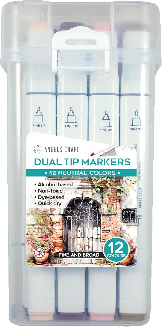 12-Piece Set of Alcohol Dual Tip Markers in Subtle Neutral Colors with Reusable Storage Case Sketch Pen for Coloring Drawing Artist Art Supplies