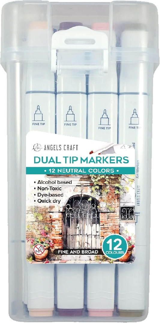 12-Piece Set of Alcohol Dual Tip Markers in Subtle Neutral Colors with Reusable Storage Case Sketch Pen for Coloring Drawing Artist Art Supplies