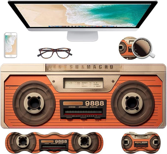 Ergonomic Keyboard Wrist Rest & Mouse Pad Wrist Rest Set, Large XXL Gaming Desk Mat 31.5"x 11.8" with Non-Slip Base, Memory Foam, Easy Typing Pain Relief for Home & Office, Retro Tape Recorder