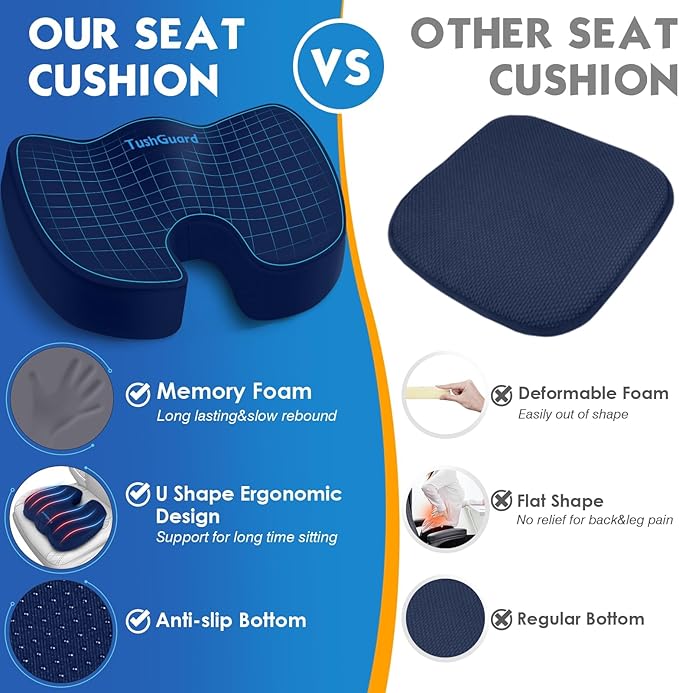 TushGuard Seat Cushion for Office Chair Memory Foam Non-Slip Cushion Back, Coccyx, Sciatica, Tailbone Pain Relief Butt Pillow for Office Chair, Car, Wheelchair, Blue, XX-Large