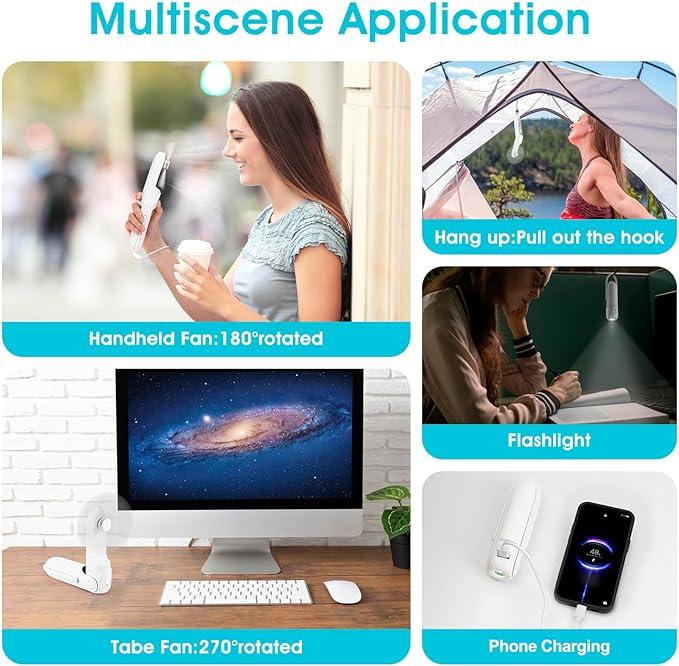 Portable Handheld Fan, Personal Fan, 6 IN 1 2000mAh Rechargeable Battery Operated, Bullet Shape Mini Fan with Flashlight Hook 3 Speed (White)