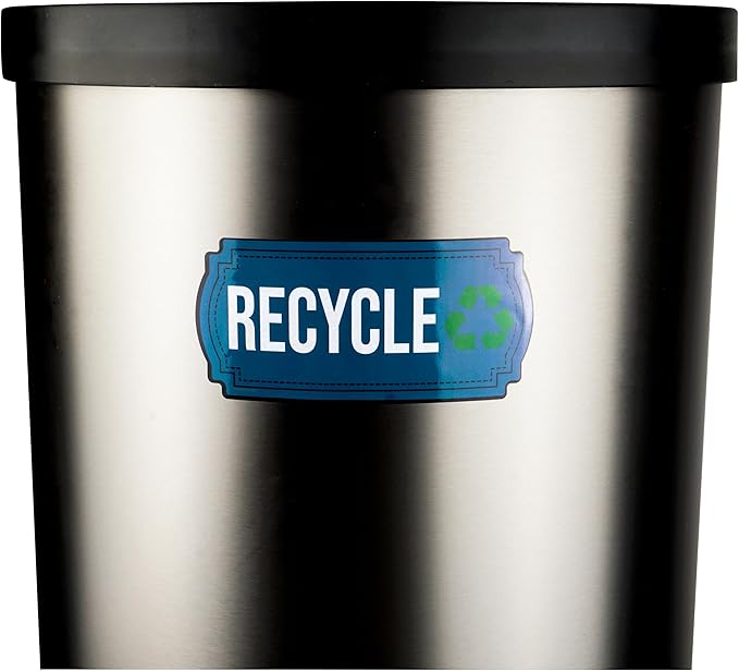 Recycle and Trash Stickers for Trash Cans - Vinyl Recycling Bin Labels - 2 Pack - 6.5" by 3" Blue & Black Decals Logo Set - Waste Signs for Home Kitchen or Office Bins Indoor/Outdoor Use