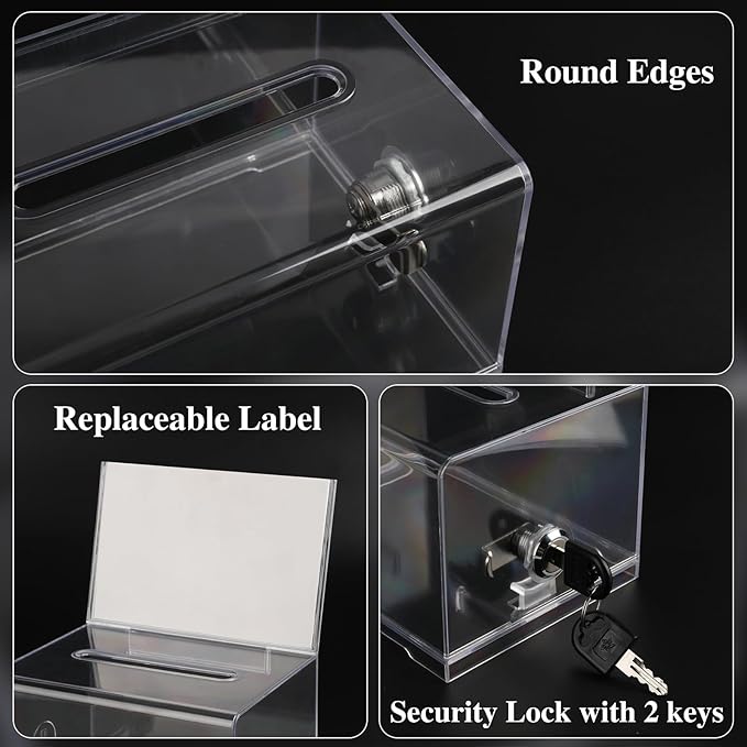 VOISEN Clear Donation Box with Lock,2 Pack Ballot Box with Sign Holder,Suggestion Box for Fundraising, Voting Box with Slot for School,Conference 6.2x4.6x3.9 Inch