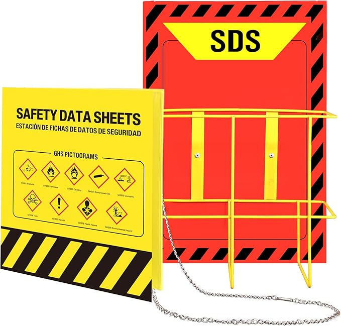 Lontcs MSDS SDS Binder and Wall Station Set,Yellow Heavy Duty 3 Inch Material Safety Data Sheet 3 Ring Binder with SDS Wire Rack and Display Sign,Chain,Safety Posters,MSDS Labels,Binder Wall Mount