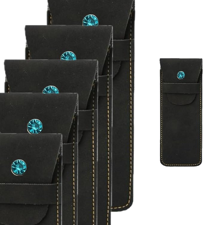 Handmade Leather Pen Case Set - 5 - Pack with Artificial Sapphire Inlay, Multi - Color Pen Sleeves for Fountain Pens & Markers (black)