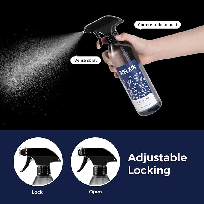 WELKIN Screen Cleaner Spray Kit (550ml + 60ml) - Cleaning Mist for TV, Laptop, Computer, Phone Touchscreen - 2 Sprayers，1 Microfiber Cloth & 1 Glass Wipe Included