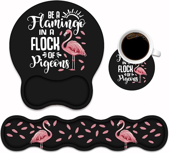 Keyboard Wrist Rest & Mouse Pad Wrist Support Set, Inspirational Quote Be a Flamingo in a Flock Pigeons Design Non-Slip Rubber PU Base for Home Office Working Studying Easy Typing & Pain Relief