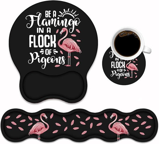 Keyboard Wrist Rest & Mouse Pad Wrist Support Set, Inspirational Quote Be a Flamingo in a Flock Pigeons Design Non-Slip Rubber PU Base for Home Office Working Studying Easy Typing & Pain Relief
