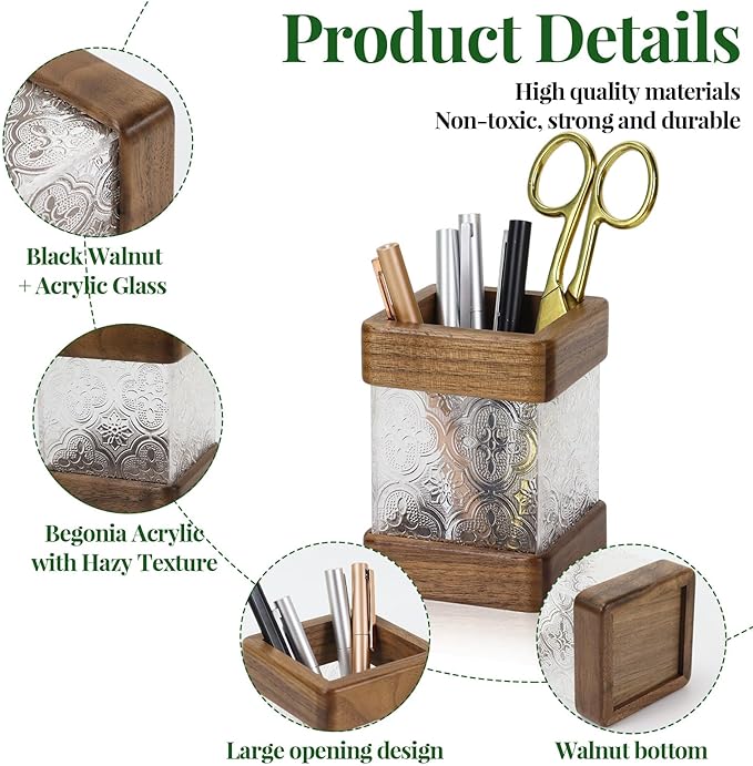 MultiBey 4PCS Walnut Office Supplies Desk Organizers, Wood Sticky Notes Holder Tape Dispenser Cutter Wooden Pencil Holder and Paper Clip Holder for Office Home School