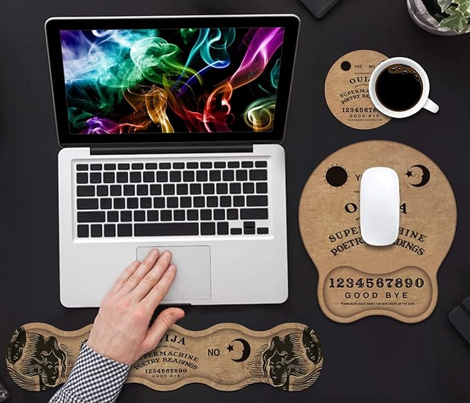 Wrist Rest Support Ergonomic Gel Mouse Pad & Memory Foam Keyboard Set, Non-Slip Rubber PU Base for Home Office Working Studying Easy Typing & Pain Relief, Retro Ouija Board