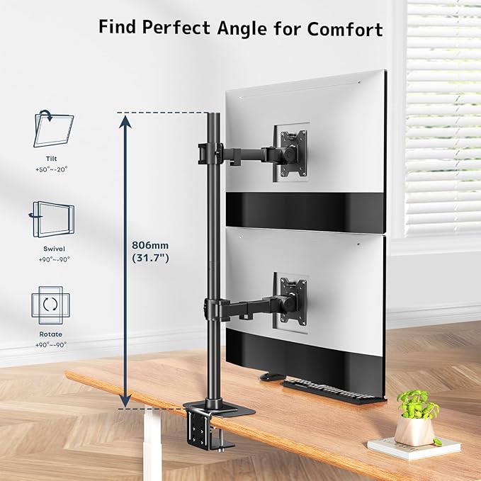 Vertical Dual Monitor Stand for Two 17-49'' Screens, Holds up to 44 lbs, WORLDLIFT Stacked Dual Monitor Mount with 31.7'' Long Pole, VESA 75/100mm