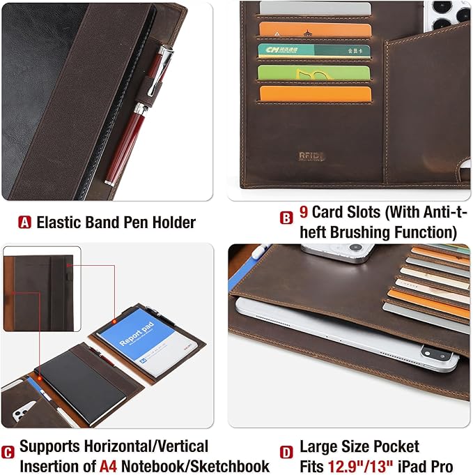 Top Grain Leather 12.9" Padfolio for Men & Women, Handmade, Multi-Functional RFID-Block Business Portfolio Organizer, Fits Credit Cards/Phone/13 iPad Pro/A4 Notebook/Pens, Coffee 12.9 Inch