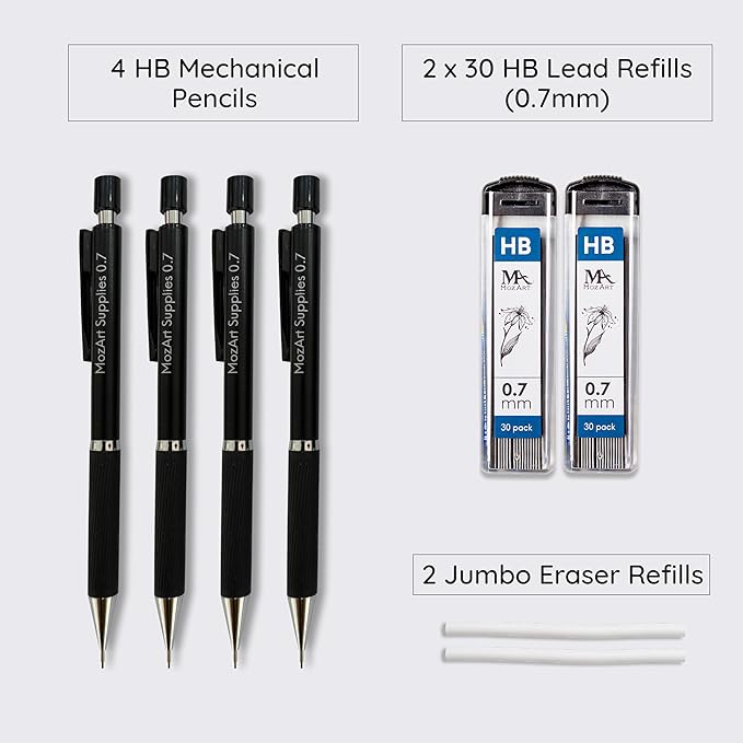 MozArt Mechanical Pencil 0.7mm Set with Case - With 2 x 30 HB Lead Refills, Eraser Pen With Refills -Sketch, Architecture, Drafting, Art, Drawing Supplies, Metal Mechanical Pencils