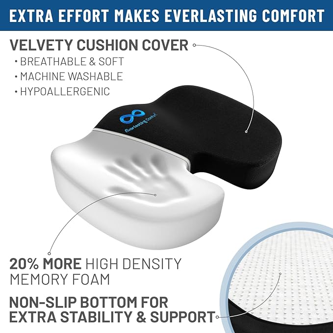 Everlasting Comfort Doctor Recommended Memory Foam Seat Cushion for Office Chairs & Car - Ergonomic Office Desk Accessories - Cushions for Tailbone Pain Relief, Sciatica (Black, Large)