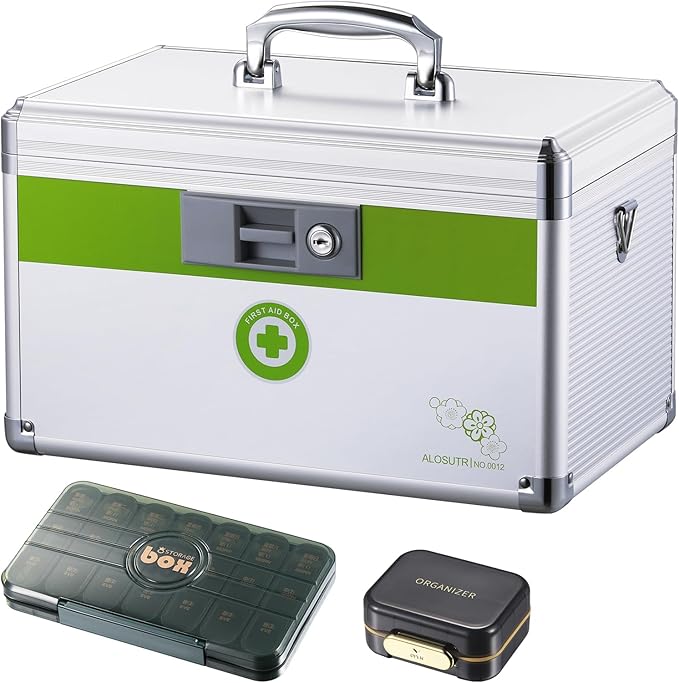 Medication Lock Box with Key, Extra Large (15.9 x 9.3 x 8.9 inches), Silver, Modern Style, Medicine Storage Box