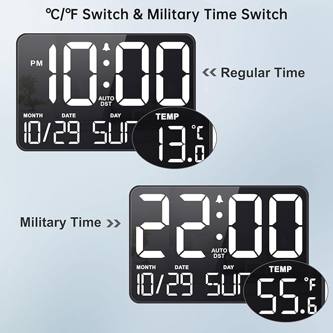 Soobest Large Display Digital Wall Calendar Clock with Date Day of Week, Alarm Clock for Bedroom Desk, Timer for Home Gym Workout 6 Dimmer Auto DST 12/24hr with Remote and Temperature(White)