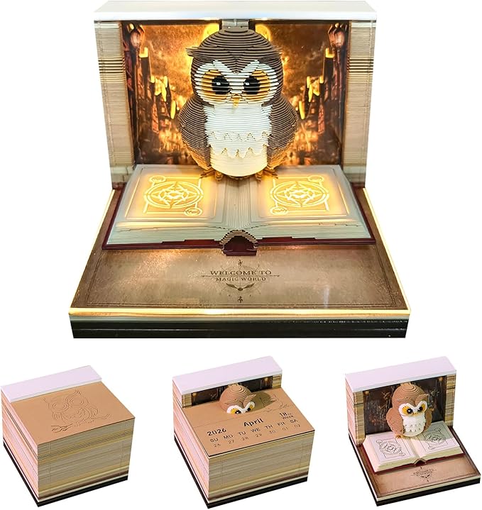 3D Calendar 2026, Timepiece Calendar 2026 with Memo Pad Notepad, Creative Weekly Planner Desk Decoration, Tear-Away 3D Artsy Pads, New Year Gift for Home Office (Battery NOT Included) (Owl)