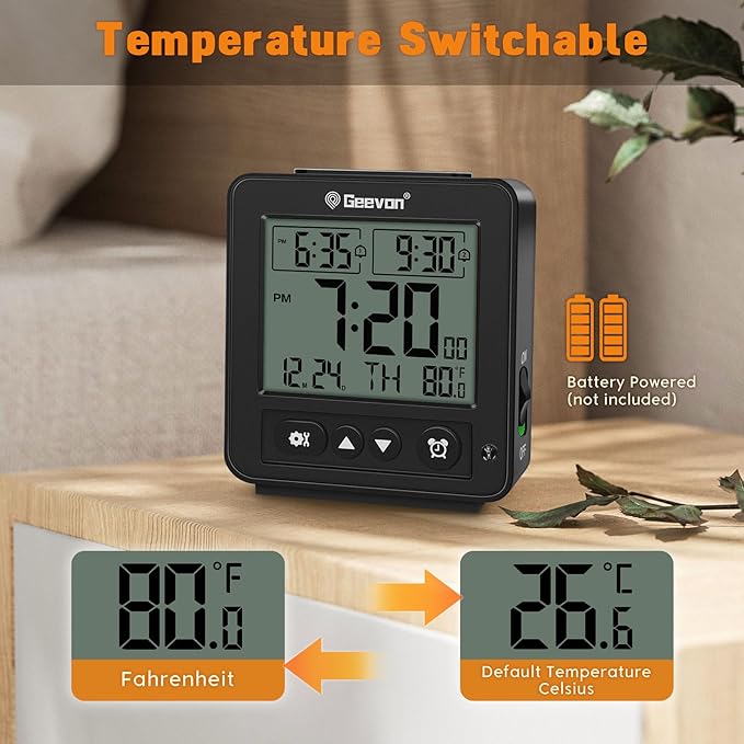 Geevon Smart Night Light Small Digital Alarm Clock with 2 Increasing Beep Alarm, Indoor Temperature, Battery Operated Travel Clock for Bedroom, Bedside, Desk(Black)
