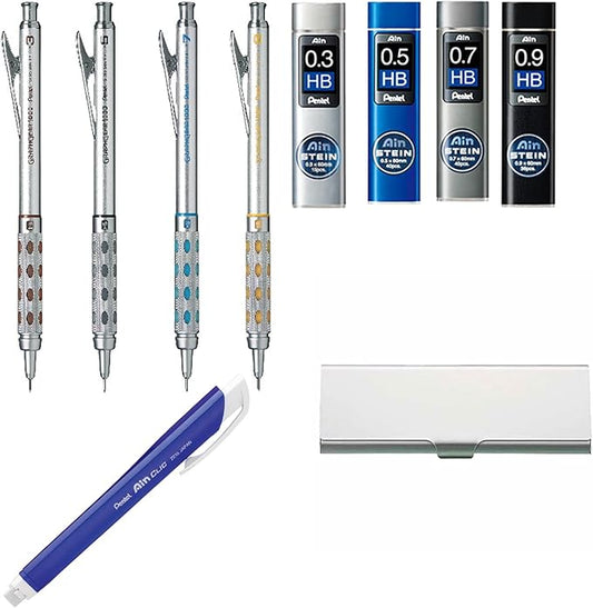 Four Graphgear 1000 Mechanical Pencil Set- 0. 3mm, 0. 5mm, 0. 7mm & 0. 9mm / Four Rerill Leads/Pen-type Triangle Eraser/Pencase, Silver
