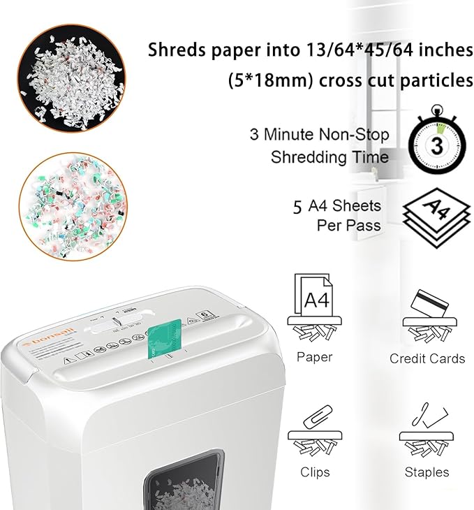 Bonsaii 5-Sheet Cross Cut Paper & Credit Card Shredder, Handles Staples/Paper Clips, 3.4Gal Pullout Bin, Compact for Home Office, White