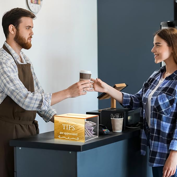 Vesici Acrylic Tips Jar Donation Tip Bucket 6 x 4 x 5 Inch Collection Money Storage Container Suggestion Box Raffle Cash Box for Bartender Bars Restaurants Musicians Driver Coin (Gold)