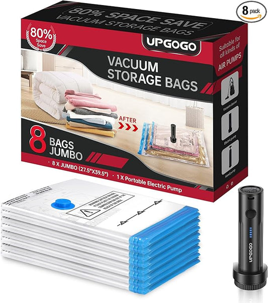 8 Pack Jumbo Vacuum Storage Bags with Portable Electric Pump,Vacuum Seal Bags for Clothing,Space Saver Bags,Comforters, Blankets, Bedding