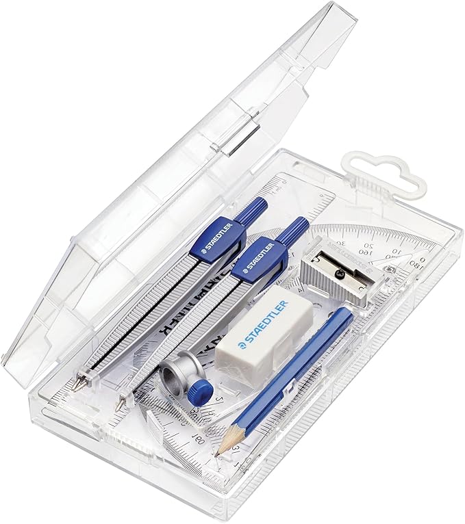STAEDTLER School Kit Math Geometry Set - 10-Piece Compass, Protractor & Ruler Kit with Flip Open Storage Box - Clear Measuring Tools - Student Drawing Supplies