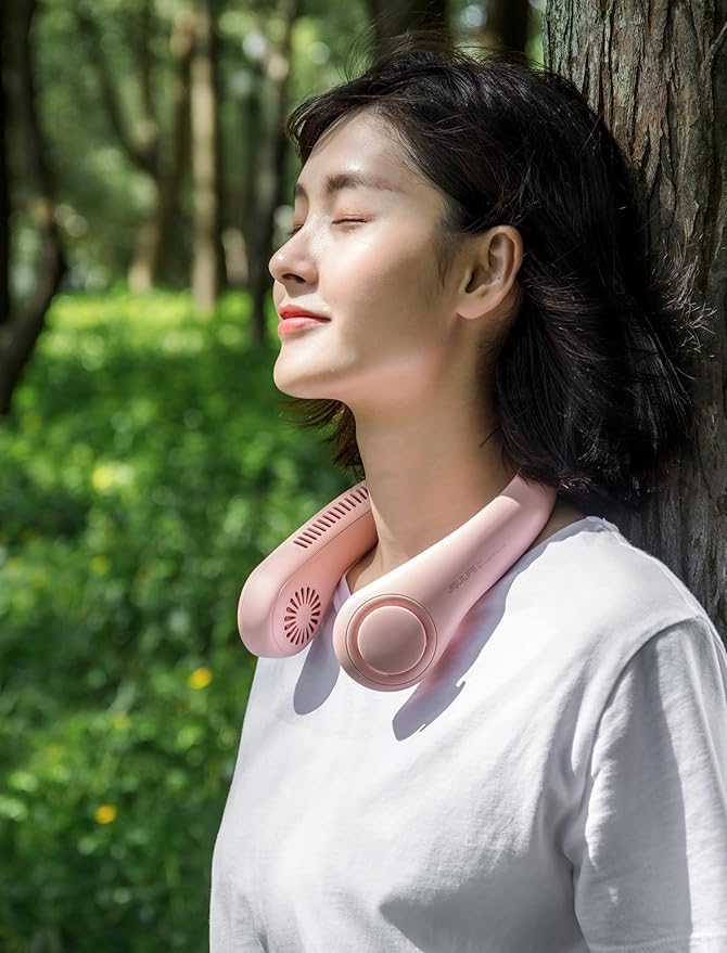 JISULIFE Neck Fan Portable, Personal Wearable Fan with Battery Rechargeable, Bladeless Travel Cooling Design with Powerful Wind, 3 Speeds, Quiet, Gifts for Men/Women/Friends - Pink