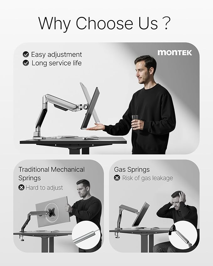 monTEK Deluxe Aluminum Monitor Arm with USB A/C for 17 to 40 Inch Curved Screens Fully Adjustable Single Monitor Arm with Clamp/Grommet, Quick Release Plate, Cable Management, VESA 75/100, MA1008UCSL
