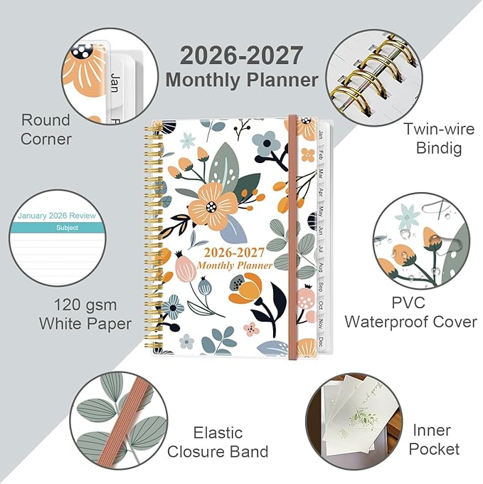 2026-2027 Monthly Planner - 18 Monthly Calendar, January 2026 - June 2027, Two Pages Per Month, 9" x11" Planner with Tabs, Strong Twin-Wire Binding, Inner Pocket, Rose Flowers