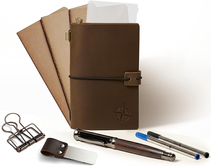 Wanderings Pocket Notebook Bundle - 4" x 5.1" / 10cm x 13cm - Small, Passport Size Refillable Travelers Notebook - Includes a Pen Holder with a Pen, 2 Extra Ink Refills, a PVC Folder, Binder Clip