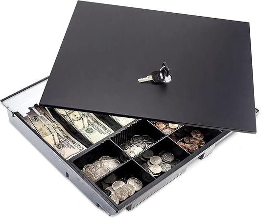 Volcora Cash Drawer Tray with Locking Cover - 14.1 x 13 x 2.5 Inch Metal Cash Lock Box with Lid - 5 Bill / 8 Coin Cash Tray Money Organizer - 16" Cash Registers with Fully Removable Tray