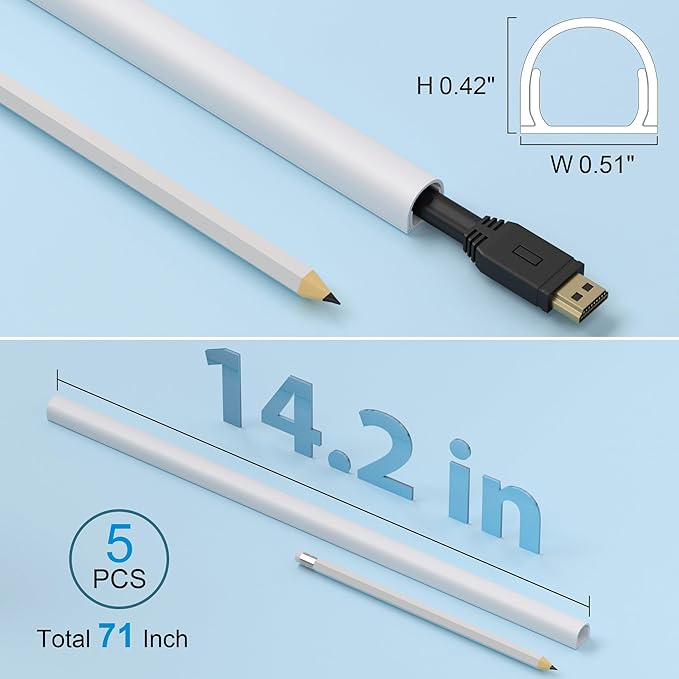 ZhiYo 71in Wire Covers for Cords on Wall, One Cord Hider, Self-Adhesive Cord Covers for Wires on Wall, Paintable TV Cable Hider, White Cable Management Raceway Kit, 5X L14.2in, W0.5in H0.4in