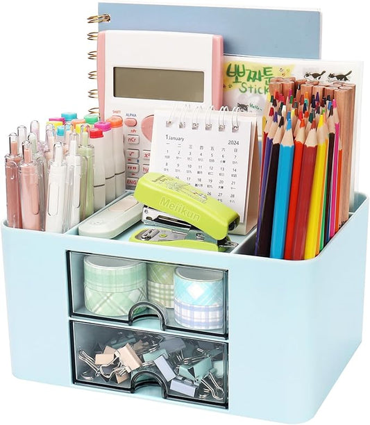 Plastic Pen Organizer, Multifunctional Desk Organizer with 2 Drawers, 4 Compartments & a Top Tray, Pencil Holder Desktop Organizers and Accessories for Office, 7.7" x 5.5" x 3.9" (Blue)