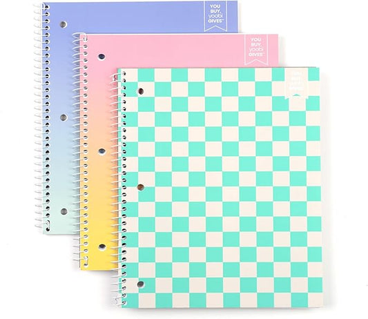 Yoobi Wide Ruled Spiral Notebook Set – 3-Pack of 1 Subject Notebooks, Bright Pink, Blue & Green Designs – 150 Perforated 3-Hole Punched Sheets Each, 10.5” x 8”