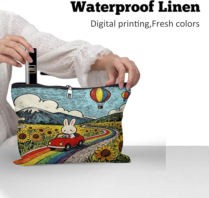 Cafl Rabbit Red Car Rainbow Makeup Bag Cartoon Bunny Cosmetic Bag for Women Large Capacity Make Up Bag Portable Travel Toiletry Pouch Organizer 10 * 8inch