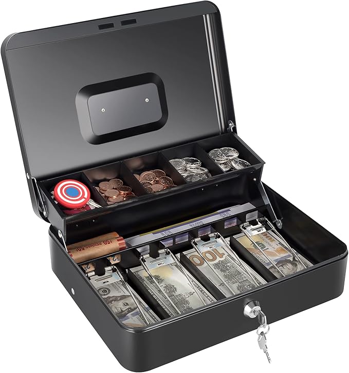Cash Box with Money Tray and Key Lock, Saving Lock Box with Money Tray Storage for Cash Register 11.8"x9.45"x3.54" Black XL Large