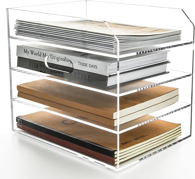 4 Tier Paper Organizer Letter Tray - Acrylic Tray Organizer for Desk, Paper Sorter Organizer for Letter/A4 Office File Folder Holder - Crystal-Clear File Organizer