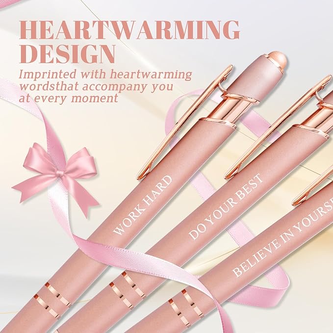 YUNCHUN 3PCS Fancy Ballpoint Pen Sets for Women, Cute Ball Pens with Self Motivation Words, Best Pen Gift Set for Women, Pretty Black Ink Pens, Elegant Nice Writing Professional Pens for Women, Pink