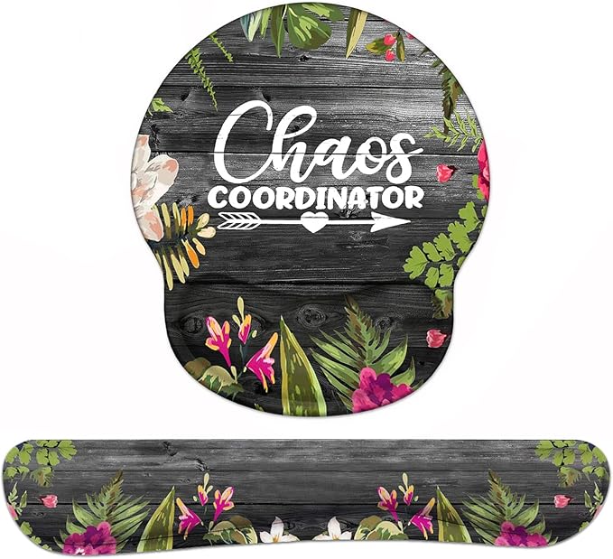 Keyboard Wrist Rest and Mouse Pad Wrist Support Set with Coasters, Chaos Coordinator Quotes Colored Floral Wreath Print Wrist Support Mouse Pad with Non-Slip PU Base for Home Office Working Studying