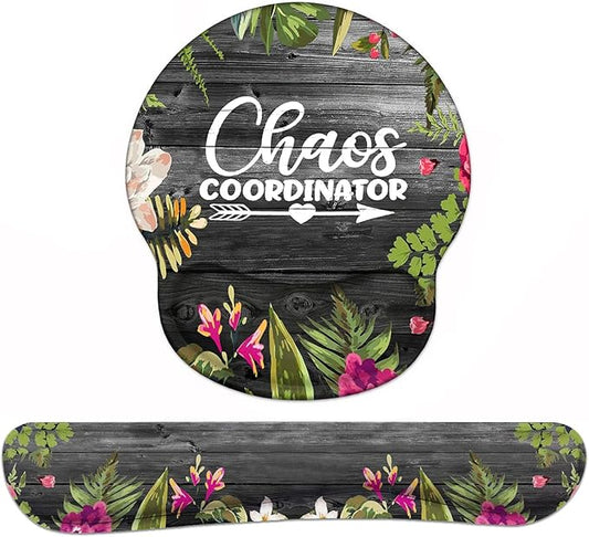 Keyboard Wrist Rest and Mouse Pad Wrist Support Set with Coasters, Chaos Coordinator Quotes Colored Floral Wreath Print Wrist Support Mouse Pad with Non-Slip PU Base for Home Office Working Studying