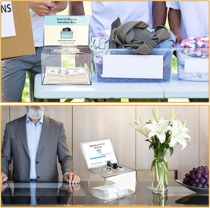 Acrylic Donation Box with Lock & Key, Clear Lockable Raffle Box, Suggestion Boxs Ballot Boxs with Sign Holder- Includes 100 "Enter to Win" Cards (6x4.3x4in)