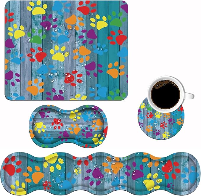 Ergonomic Keyboard Wrist Rest and Mouse Pad Wrist Rest Set with Coasters [4Pcs], Non-Slip Rubber Base for Home Office Working Studying Easy Typing & Pain Relief, Rustic Wooden Board Colorful Paw Print