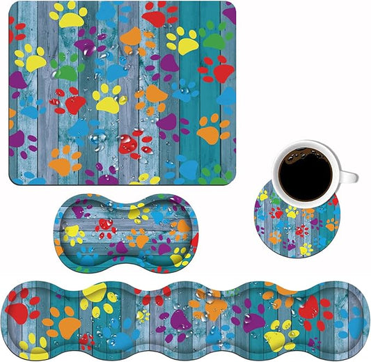 Ergonomic Keyboard Wrist Rest and Mouse Pad Wrist Rest Set with Coasters [4Pcs], Non-Slip Rubber Base for Home Office Working Studying Easy Typing & Pain Relief, Rustic Wooden Board Colorful Paw Print