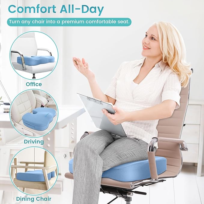 Office Chair Seat Cushion, Cooling Gel Enhanced Memory Foam Cushion for Long Sitting - Back, Sciatica, Coccyx, Tailbone Pain Relief Pillow - for Office, Gaming, Car, Wheelchair - Light Blue, X-Large