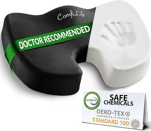 ComfiLife Premium Comfort Seat Cushion - Non-Slip Orthopedic 100% Memory Foam Coccyx Cushion for Tailbone Pain - Cushion for Office Chair Car Seat - Back Pain & Sciatica Relief (Black)