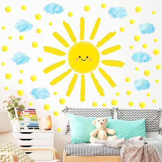 Sun Wall Decals Watercolor Cloud Wall Stickers for Kids Room, 12 Sheets Large Sun Cloud Wall Decor Posters Polka Dots Wall Stickers Home Decorations for Girls Room Bedroom Play Room