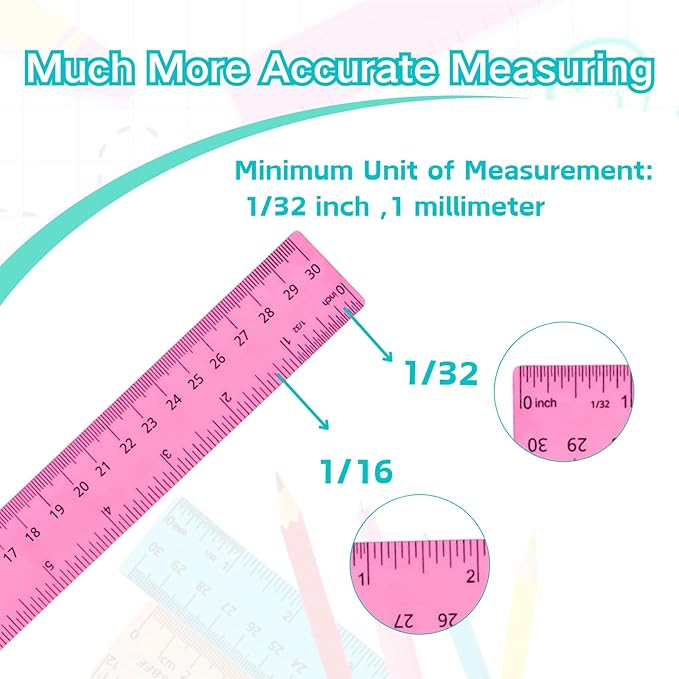 Rulers 12 Inch, Colored Clear Rulers, Plastic Measuring Ruler for Kids, School, Home and Office, Millimeter, Centimeter and Inches, Pack of 7